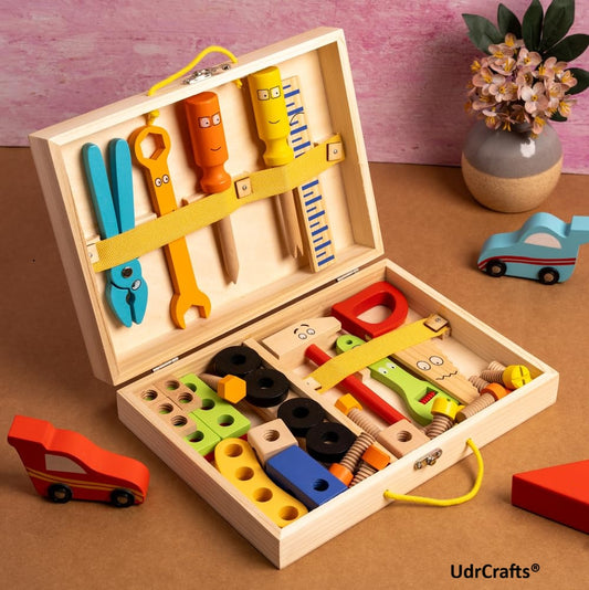 UdrCrafts® Wooden Tool Kit Set with Tool Box (40 Pcs) | Pretend Play Portable Construction Tools Kit Toys for Kids | Gift for Boys & Girls Age 3, 4, 5, 6 | Montessori Toy