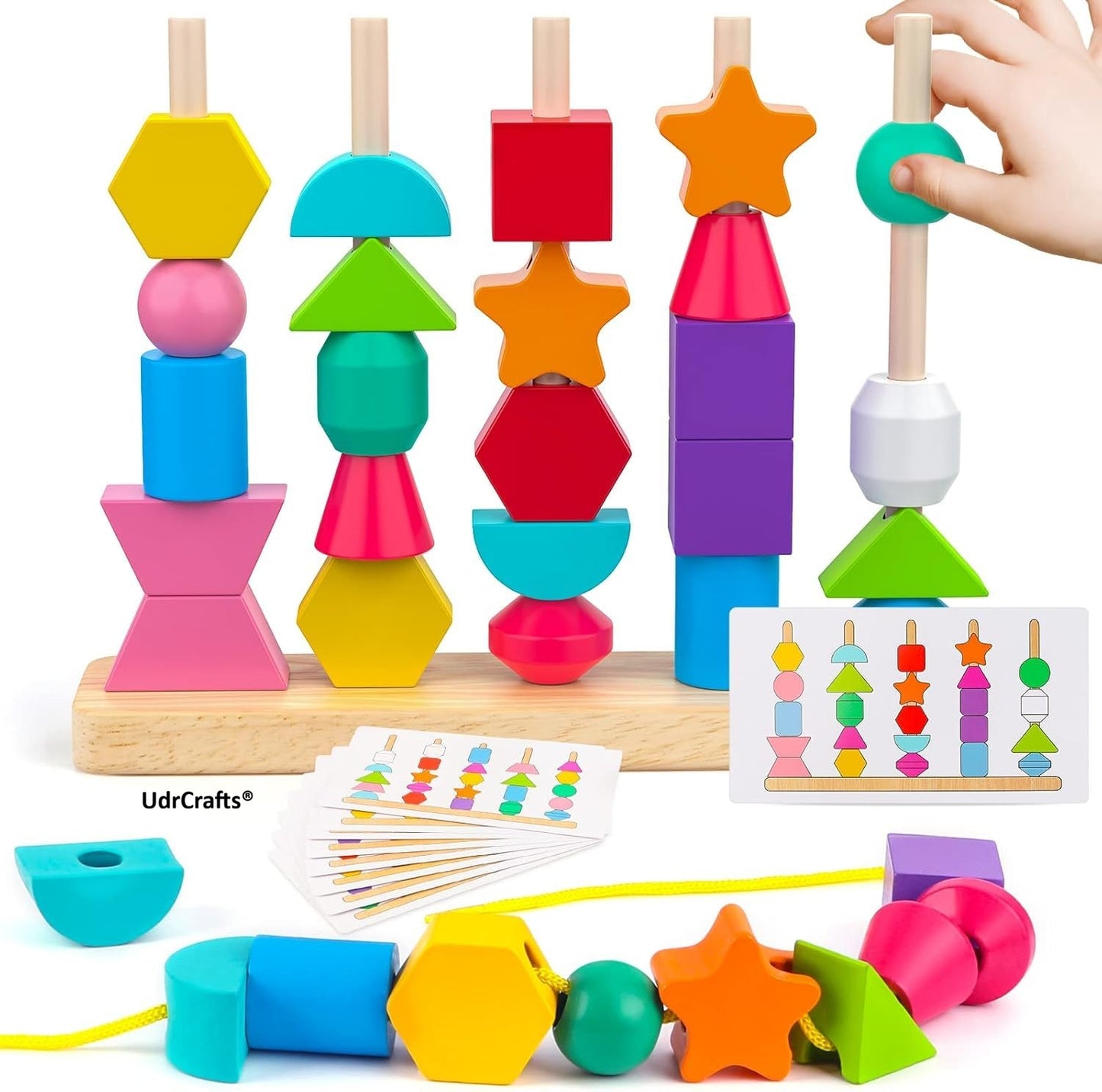 UdrCrafts® Wooden Beads Sequencing Toy Set | Montessori Lacing & Stacking Toy for Kids 2-5 | Color & Shape Matching Educational Fine Motor Skills Learning Toy | 22 Pcs Blocks and 10 pcs Cards
