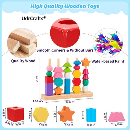 UdrCrafts® Wooden Beads Sequencing Toy Set | Montessori Lacing & Stacking Toy for Kids 2-5 | Color & Shape Matching Educational Fine Motor Skills Learning Toy | 22 Pcs Blocks and 10 pcs Cards