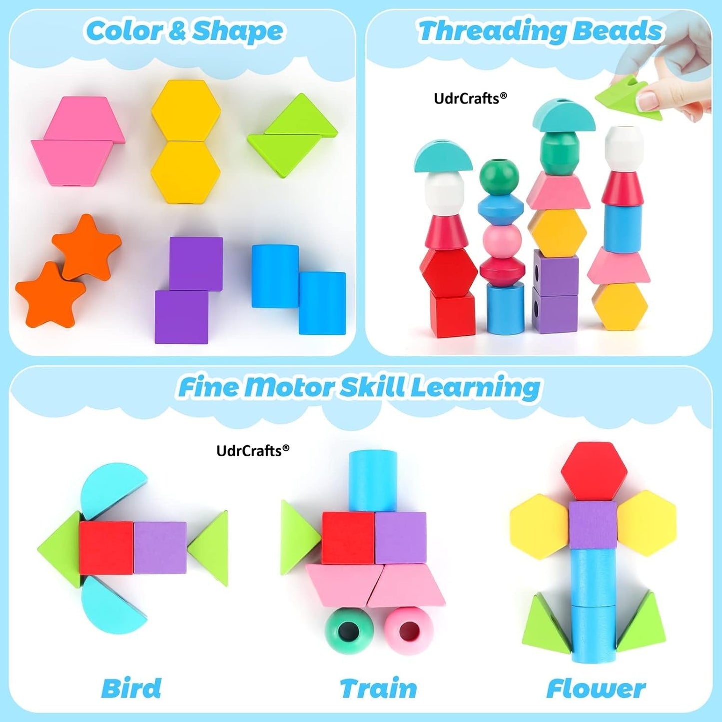 UdrCrafts® Wooden Beads Sequencing Toy Set | Montessori Lacing & Stacking Toy for Kids 2-5 | Color & Shape Matching Educational Fine Motor Skills Learning Toy | 22 Pcs Blocks and 10 pcs Cards