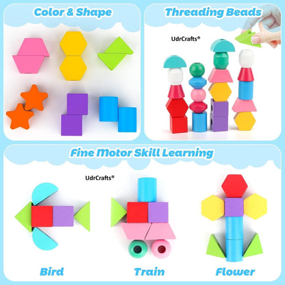 UdrCrafts® Wooden Beads Sequencing Toy Set | Montessori Lacing & Stacking Toy for Kids 2-5 | Color & Shape Matching Educational Fine Motor Skills Learning Toy | 22 Pcs Blocks and 10 pcs Cards