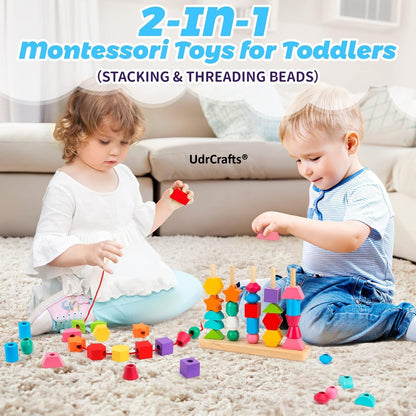 UdrCrafts® Wooden Beads Sequencing Toy Set | Montessori Lacing & Stacking Toy for Kids 2-5 | Color & Shape Matching Educational Fine Motor Skills Learning Toy | 22 Pcs Blocks and 10 pcs Cards