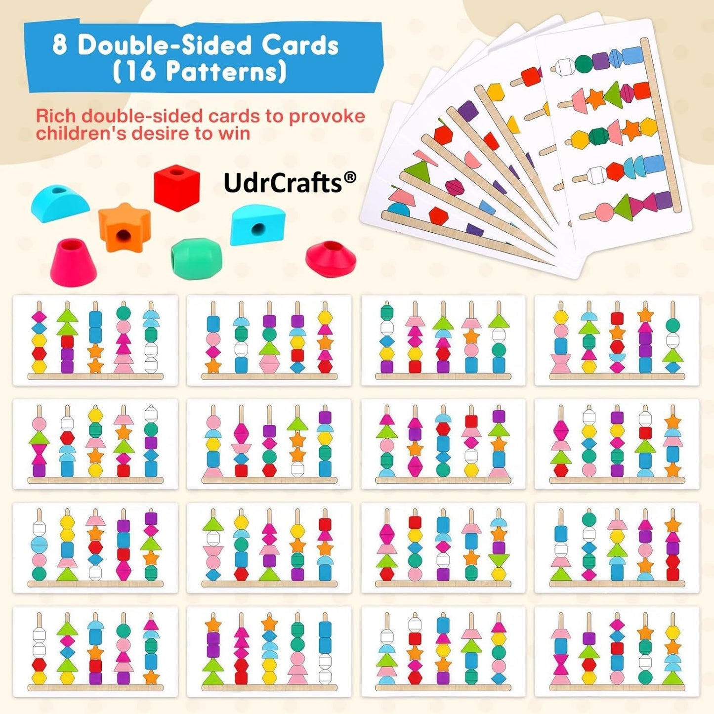 UdrCrafts® Wooden Beads Sequencing Toy Set | Montessori Lacing & Stacking Toy for Kids 2-5 | Color & Shape Matching Educational Fine Motor Skills Learning Toy | 22 Pcs Blocks and 10 pcs Cards