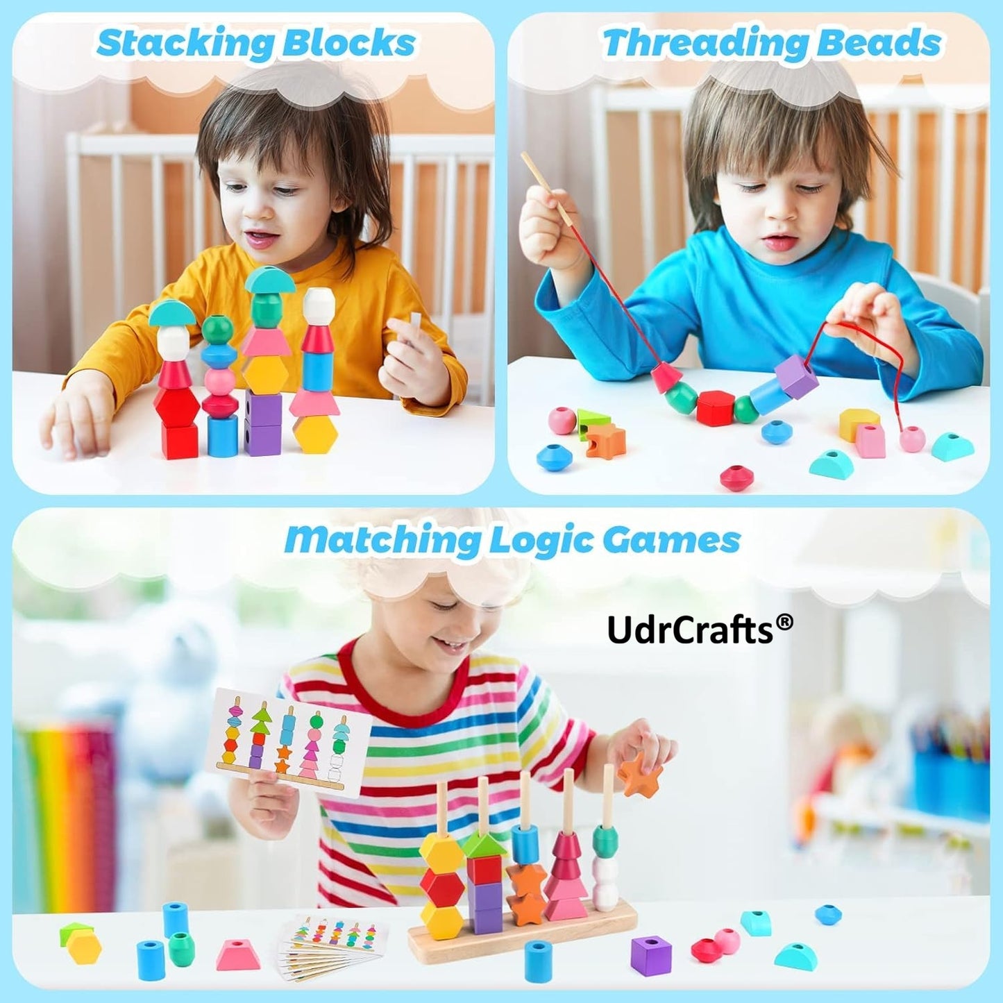UdrCrafts® Wooden Beads Sequencing Toy Set | Montessori Lacing & Stacking Toy for Kids 2-5 | Color & Shape Matching Educational Fine Motor Skills Learning Toy | 22 Pcs Blocks and 10 pcs Cards