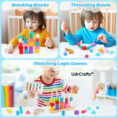 UdrCrafts® Wooden Beads Sequencing Toy Set | Montessori Lacing & Stacking Toy for Kids 2-5 | Color & Shape Matching Educational Fine Motor Skills Learning Toy | 22 Pcs Blocks and 10 pcs Cards