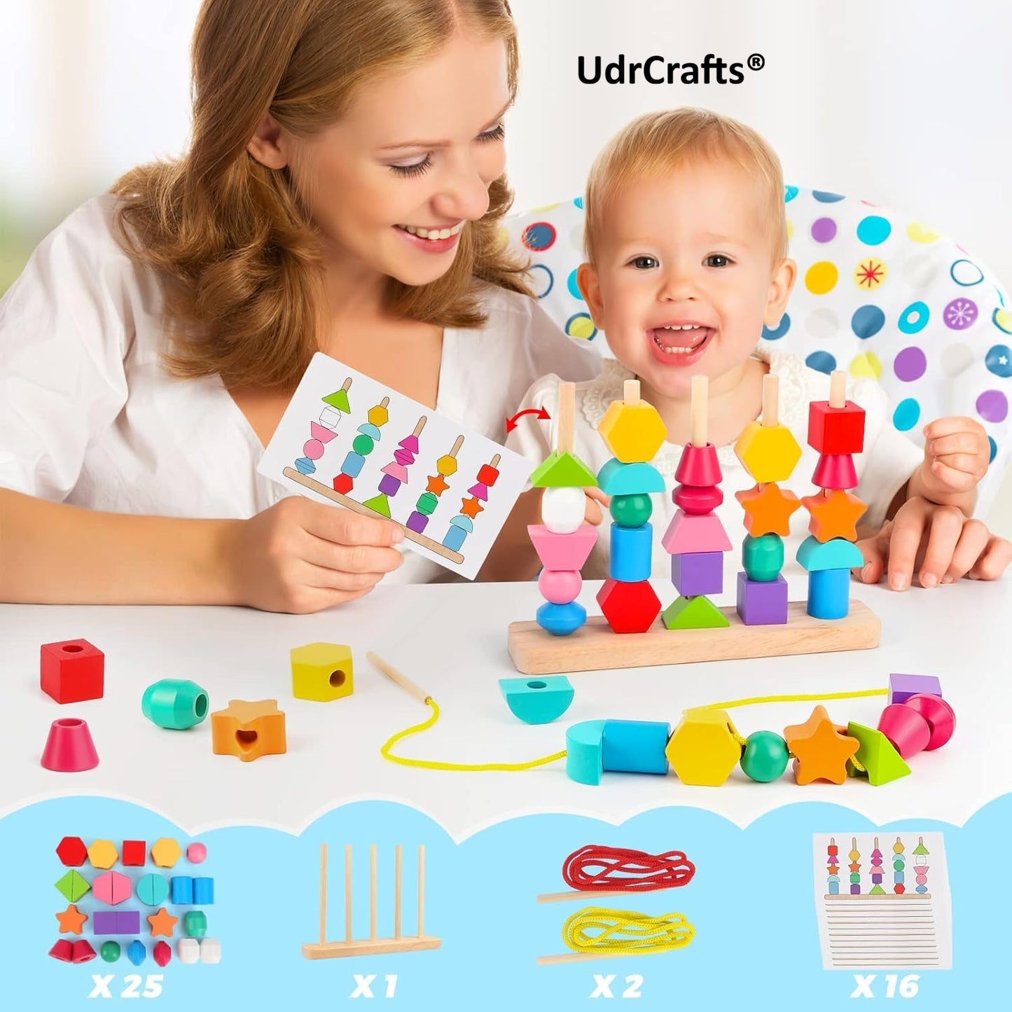 UdrCrafts® Wooden Beads Sequencing Toy Set | Montessori Lacing & Stacking Toy for Kids 2-5 | Color & Shape Matching Educational Fine Motor Skills Learning Toy | 22 Pcs Blocks and 10 pcs Cards