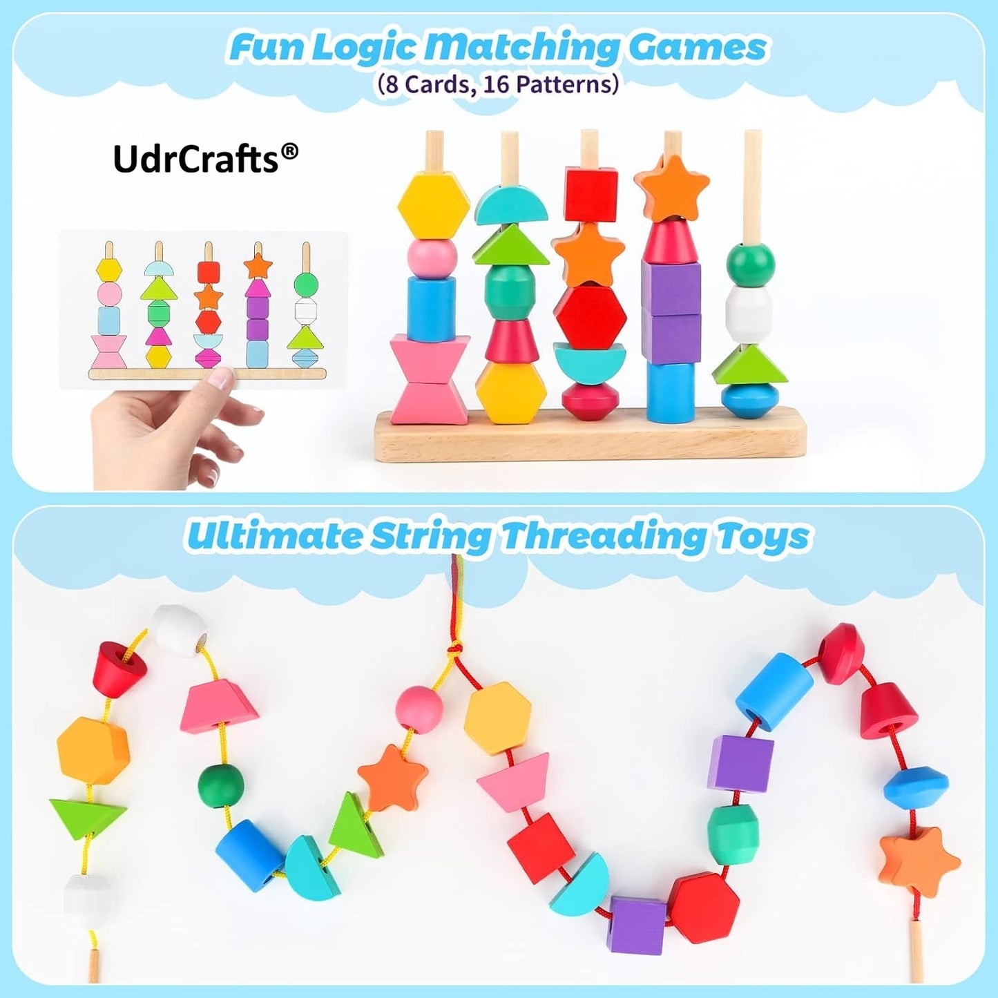 UdrCrafts® Wooden Beads Sequencing Toy Set | Montessori Lacing & Stacking Toy for Kids 2-5 | Color & Shape Matching Educational Fine Motor Skills Learning Toy | 22 Pcs Blocks and 10 pcs Cards