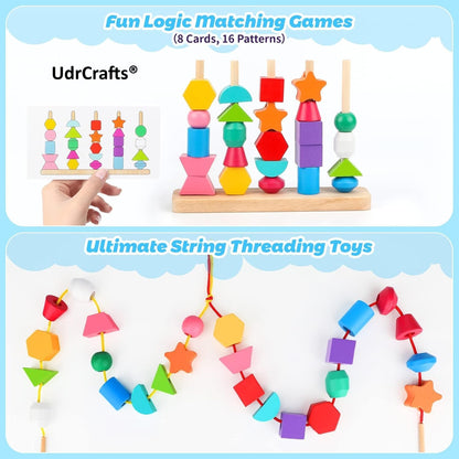 UdrCrafts® Wooden Beads Sequencing Toy Set | Montessori Lacing & Stacking Toy for Kids 2-5 | Color & Shape Matching Educational Fine Motor Skills Learning Toy | 22 Pcs Blocks and 10 pcs Cards