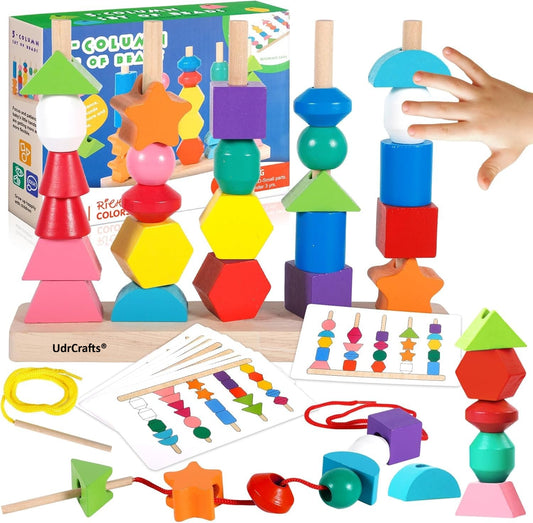 UdrCrafts® Wooden Beads Sequencing Toy Set | Montessori Lacing & Stacking Toy for Kids 2-5 | Color & Shape Matching Educational Fine Motor Skills Learning Toy | 22 Pcs Blocks and 10 pcs Cards