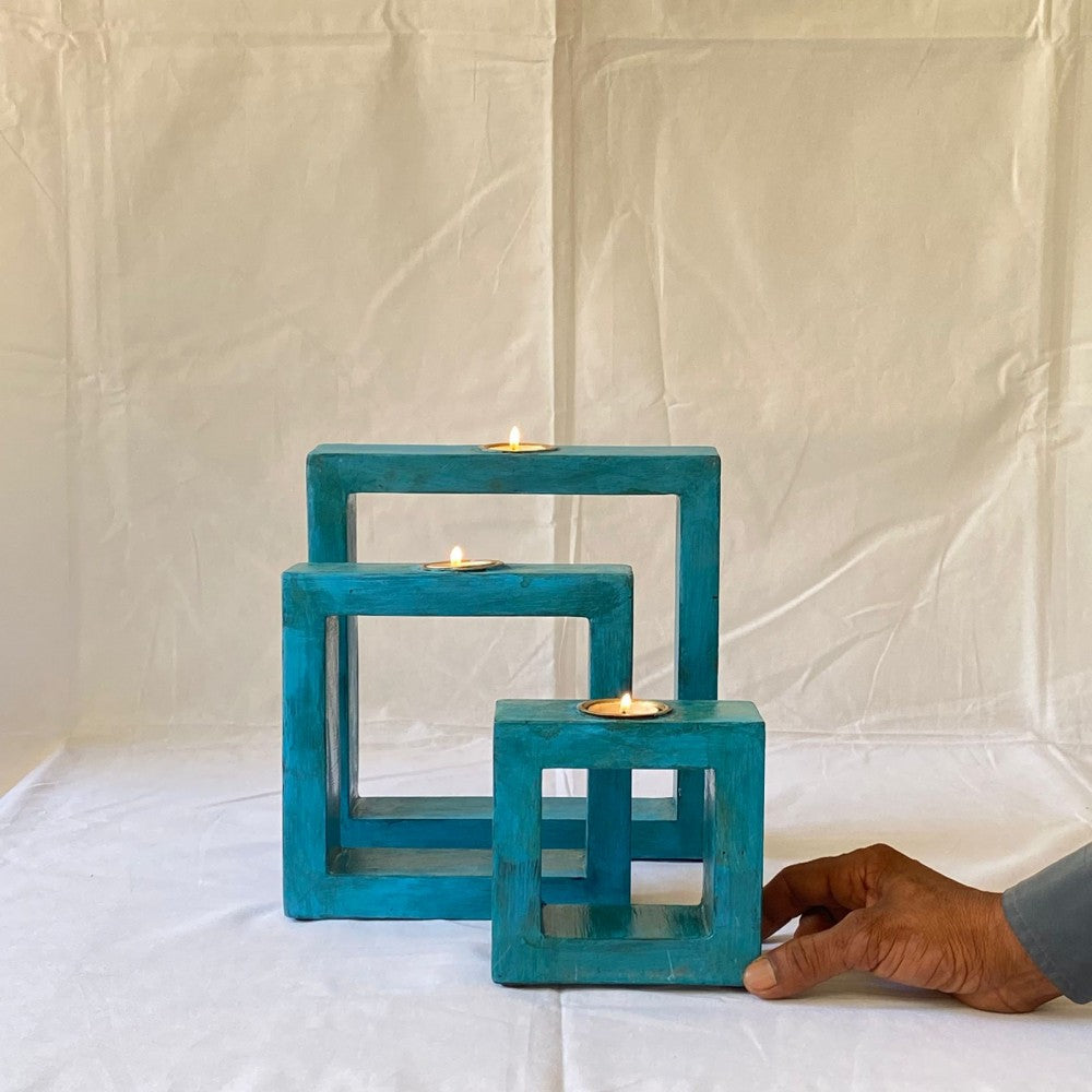 Blue Square Tea Light Holder Set Of 3