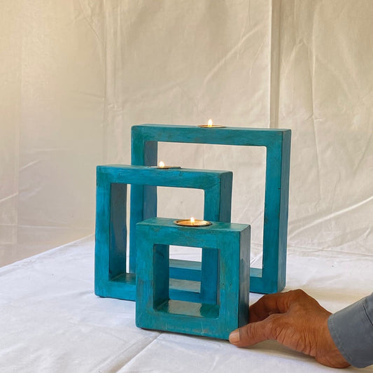 Blue Square Tea Light Holder Set Of 3