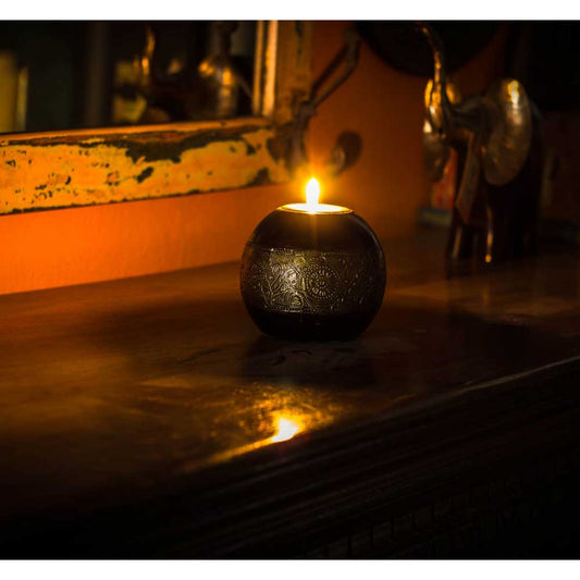 Wooden Tealight With Embossed Brass Artwork