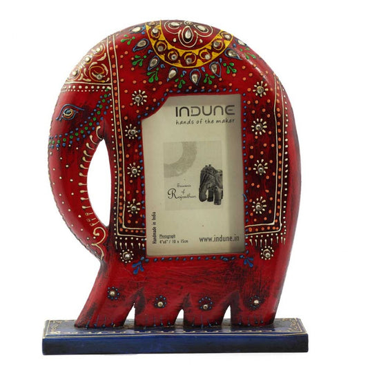 Wooden Elephant Photo Frame With Stand - Unsophisticated Red