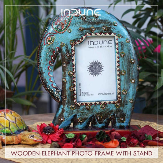 Wooden Elephant Photo Frame With Stand - Unsophisticated Rustic Blue