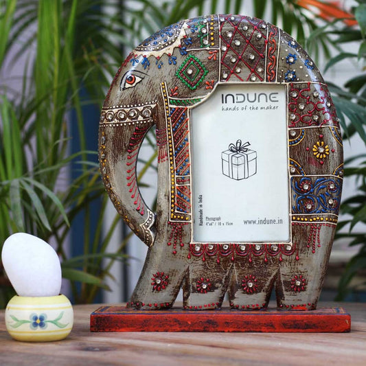 Wooden Elephant Photo Frame With Stand - Unsophisticated Rough Cream-Grey