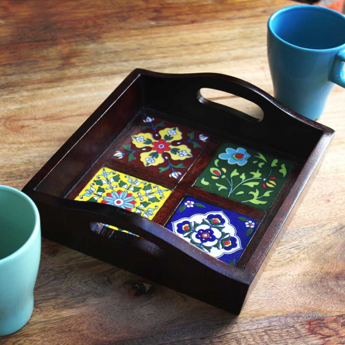 Ceramic-Blocked Wooden Serving Tray (With 4 Ceramic Tiles), Polished (8x8)