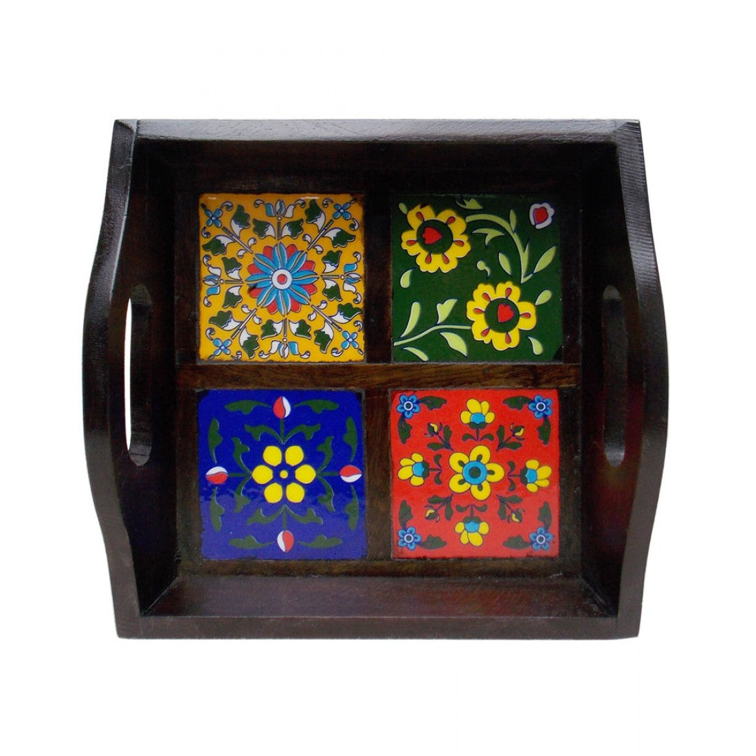 Ceramic-Blocked Wooden Serving Tray (With 4 Ceramic Tiles), Polished (8x8)