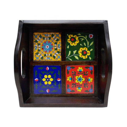 Ceramic-Blocked Wooden Serving Tray (With 4 Ceramic Tiles), Polished (8x8)