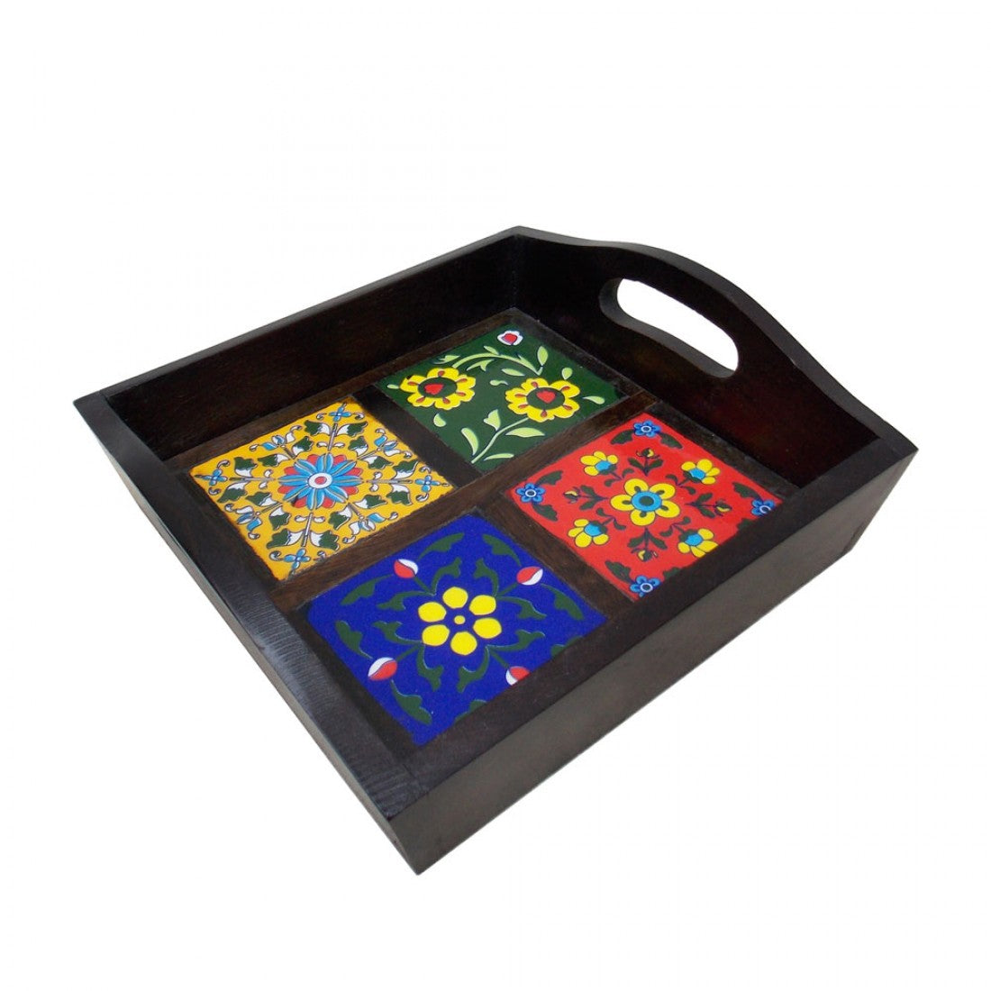 Ceramic-Blocked Wooden Serving Tray (With 4 Ceramic Tiles), Polished (8x8)