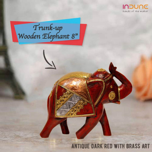 Distressed Burgundy Wooden Elephant With Brass And Copper Artwork