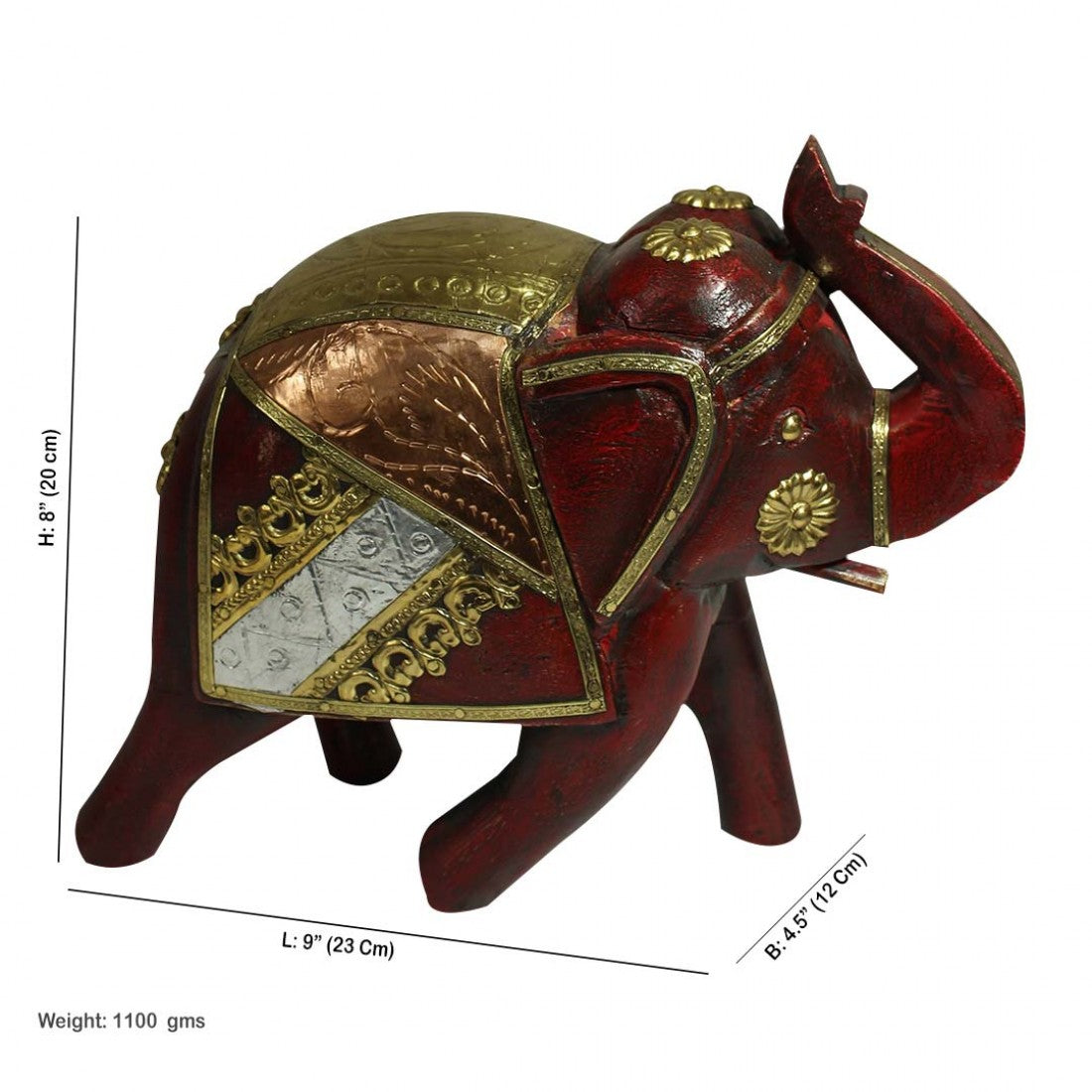 Distressed Burgundy Wooden Elephant With Brass And Copper Artwork