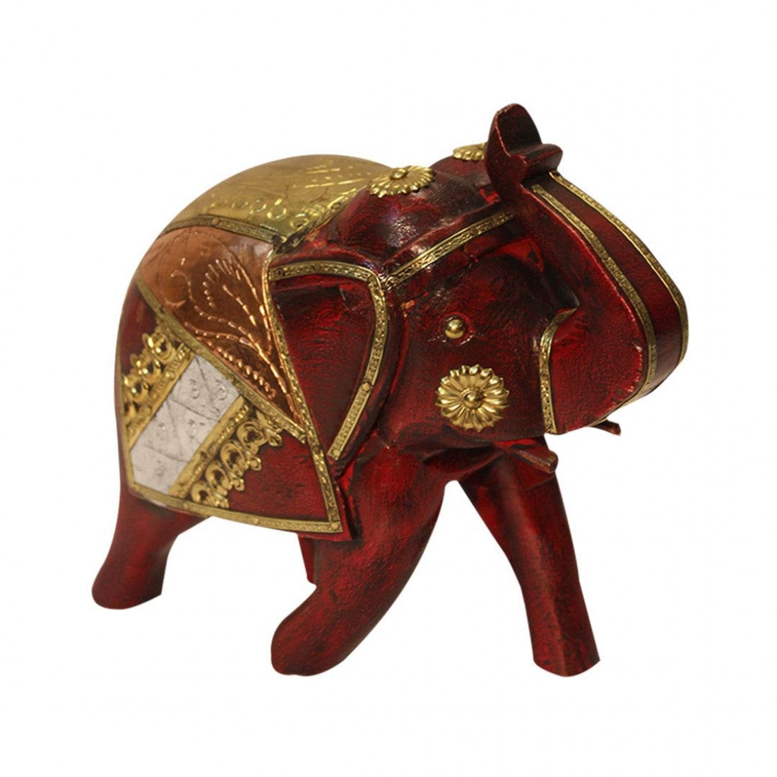 Distressed Burgundy Wooden Elephant With Brass And Copper Artwork