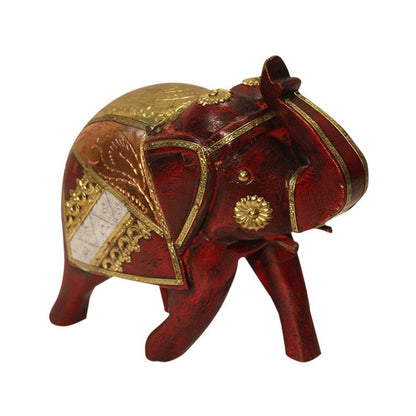 Distressed Burgundy Wooden Elephant With Brass And Copper Artwork
