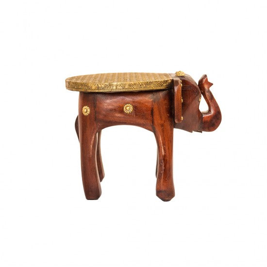 Brown Polished Wooden Elephant Embossed Brass Art Stool 8 inch