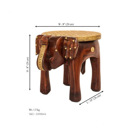 Brown Polished Wooden Elephant Embossed Brass Art Stool 8 inch