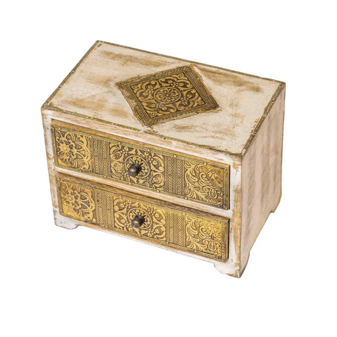 Distressed White Mini Drawers With Embossed Brass Art