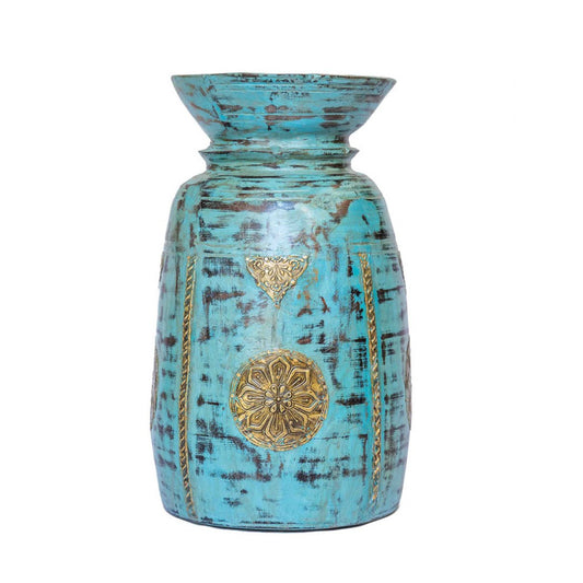Handcrafted Distressed Blue Wooden Pot With Intricate Brass Detailing