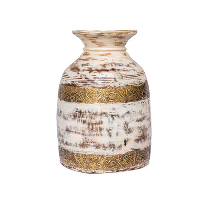 Handcrafted White Distressed Wooden Matka With Intricate Brass Embossing