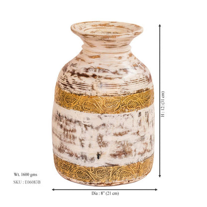 Handcrafted White Distressed Wooden Matka With Intricate Brass Embossing