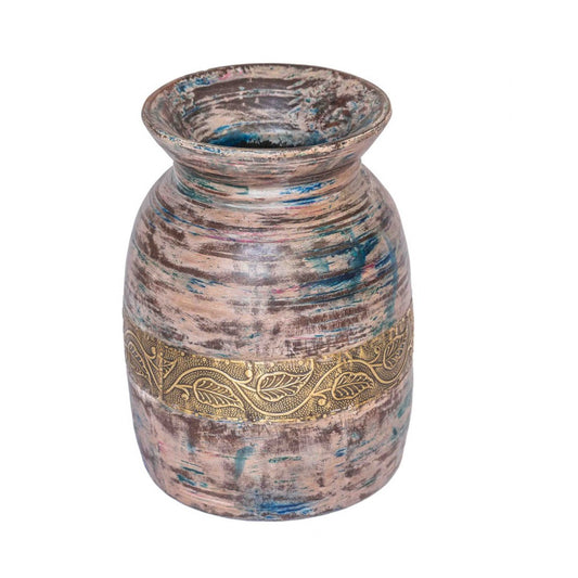 Handcrafted Colourful Distressed Wooden Matka With Embossed Brass Work Dia 7.5 X 10 Inches