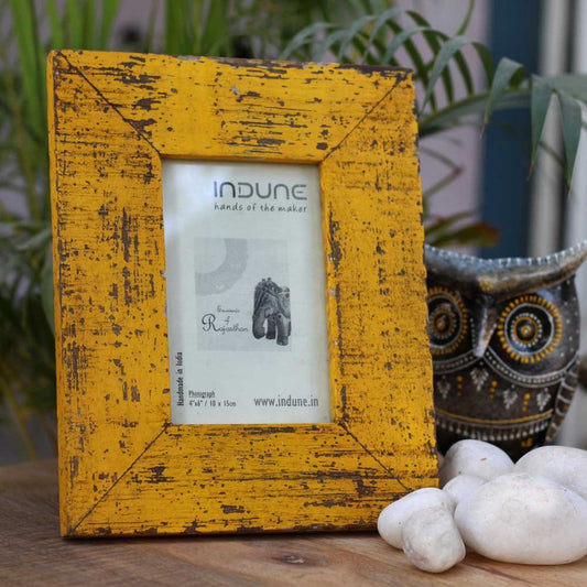 Wooden Photo Frame - Rough Distressed Yellow 4 X 6 Inches