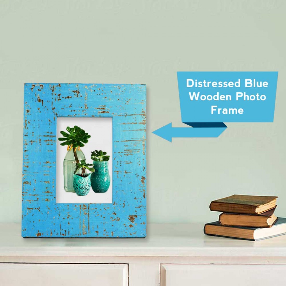 Wooden Photo Frame - Rough Distressed Blue 4 X 6 Inches