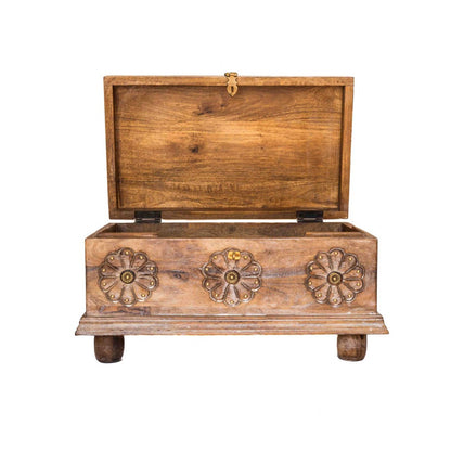 Rustic White Wooden Treasure Box With Floral Carving And Embossed Brass Work