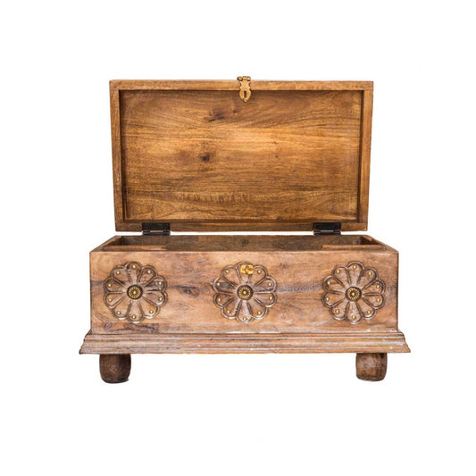 Rustic White Wooden Treasure Box With Floral Carving And Embossed Brass Work