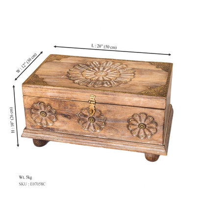 Rustic White Wooden Treasure Box With Floral Carving And Embossed Brass Work