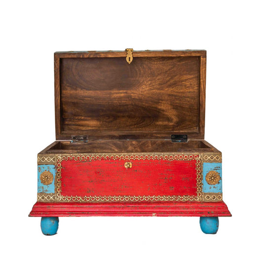 Blue-Red Wooden Treasure Box With Embossed Brass Art