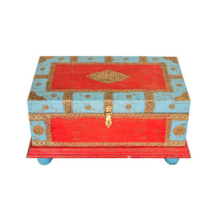 Blue-Red Wooden Treasure Box With Embossed Brass Art