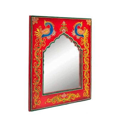 Hand Painted Peacock - Red Wooden Framed Mirror