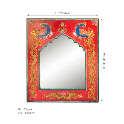 Hand Painted Peacock - Red Wooden Framed Mirror
