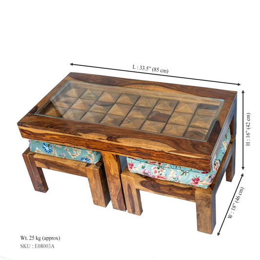 Coffee Table Set with Glass Top and two Stools - Natural Wood Finish