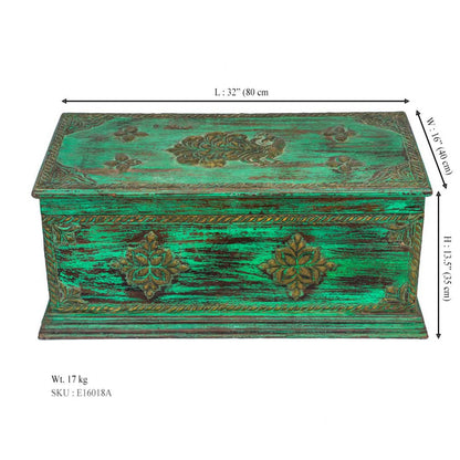Pitara Sandook Box With Embossed Brass Art - Antique Green