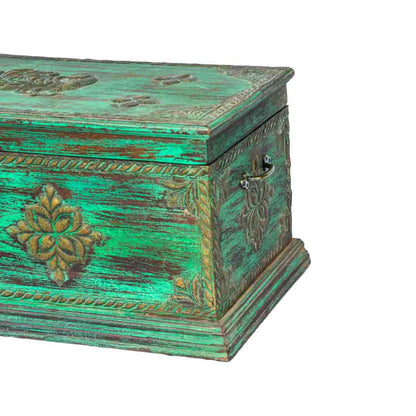Pitara Sandook Box With Embossed Brass Art - Antique Green