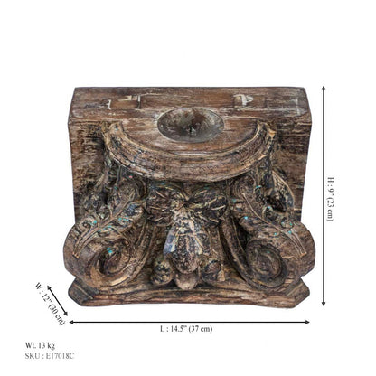 Antique Floral Carved Wooden Block Candle Stand