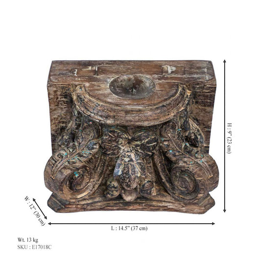 Antique Floral Carved Wooden Block Candle Stand