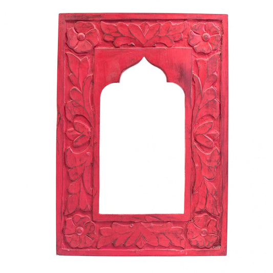 Floral Wooden Stylish Mirror Jharokha Frame - Red