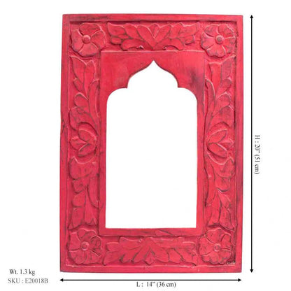 Floral Wooden Stylish Mirror Jharokha Frame - Red